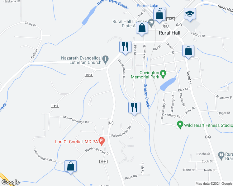 map of restaurants, bars, coffee shops, grocery stores, and more near 571 Bethania-Rural Hall Road in Rural Hall