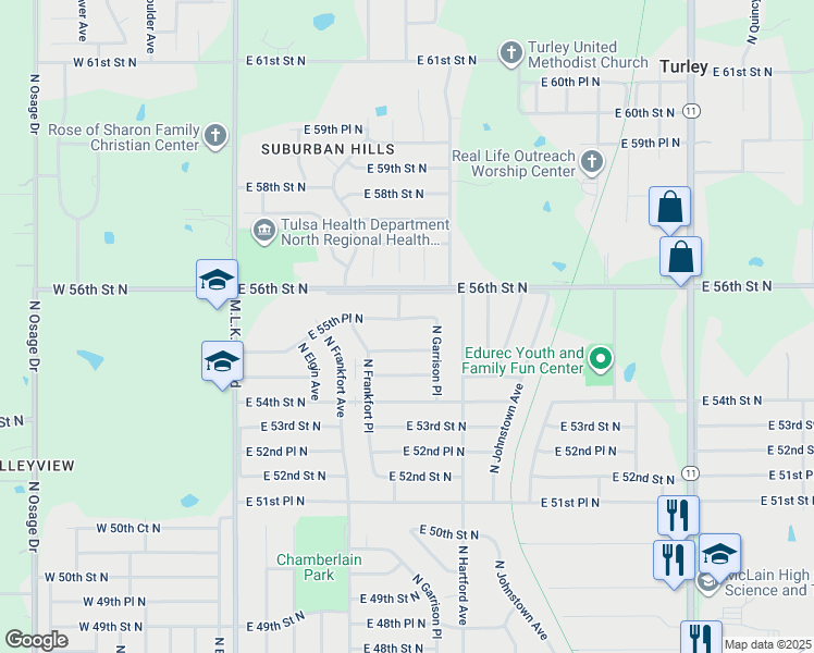 map of restaurants, bars, coffee shops, grocery stores, and more near 606 East 55th Place North in Tulsa