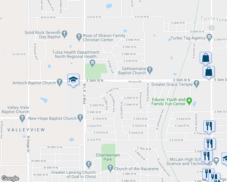 map of restaurants, bars, coffee shops, grocery stores, and more near 520 East 55th Place North in Tulsa