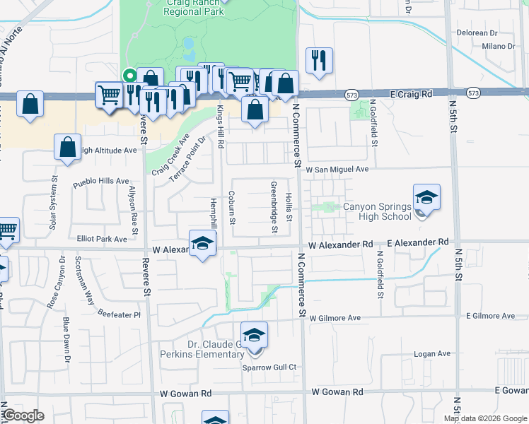 map of restaurants, bars, coffee shops, grocery stores, and more near 346 Common Court in North Las Vegas