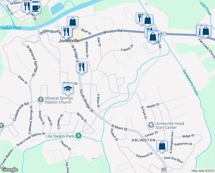 map of restaurants, bars, coffee shops, grocery stores, and more near 100 South Jonesville Boulevard in Jonesville