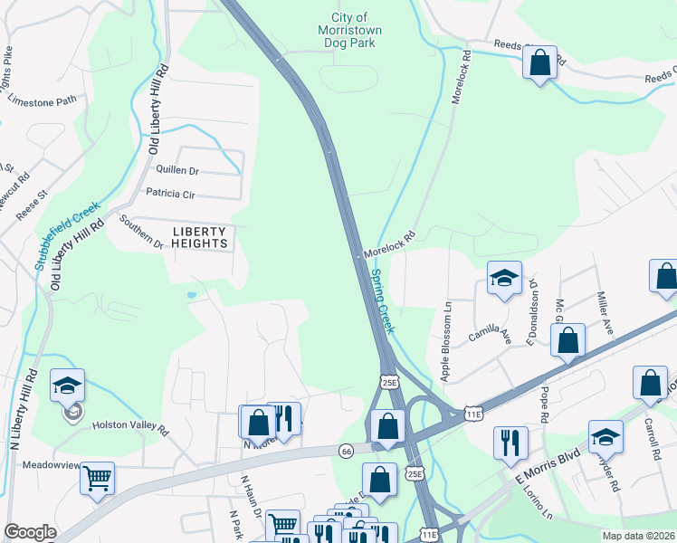 map of restaurants, bars, coffee shops, grocery stores, and more near North Davy Crockett Parkway in Morristown