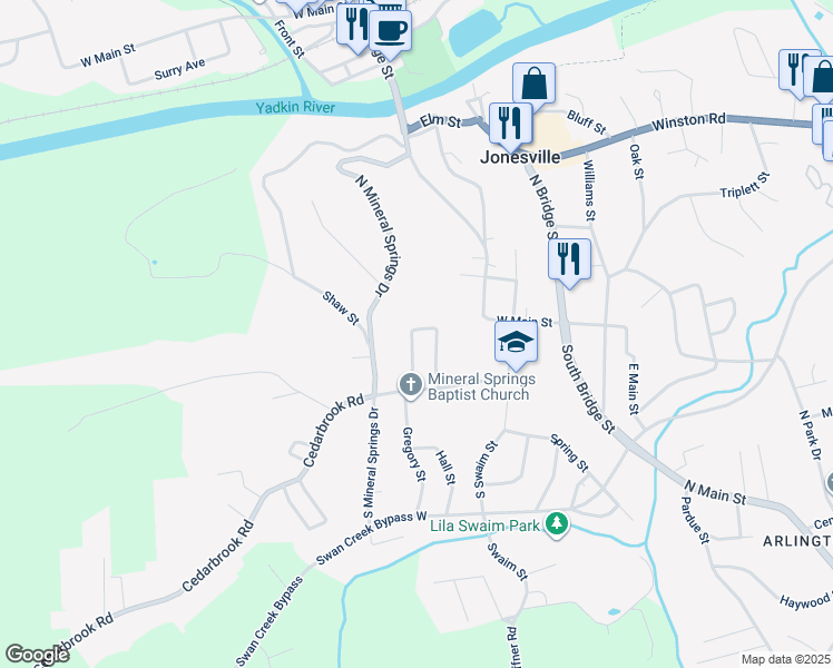 map of restaurants, bars, coffee shops, grocery stores, and more near 139 Cemetery Drive in Jonesville