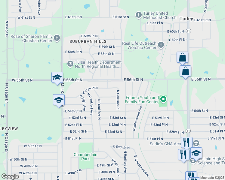 map of restaurants, bars, coffee shops, grocery stores, and more near 616 East 55th Place North in Tulsa