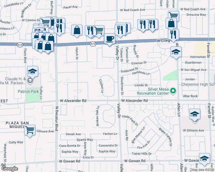map of restaurants, bars, coffee shops, grocery stores, and more near 4341 Silvercrest Court in North Las Vegas
