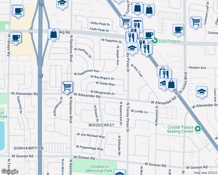 map of restaurants, bars, coffee shops, grocery stores, and more near 6425 West Ouida Way in Las Vegas