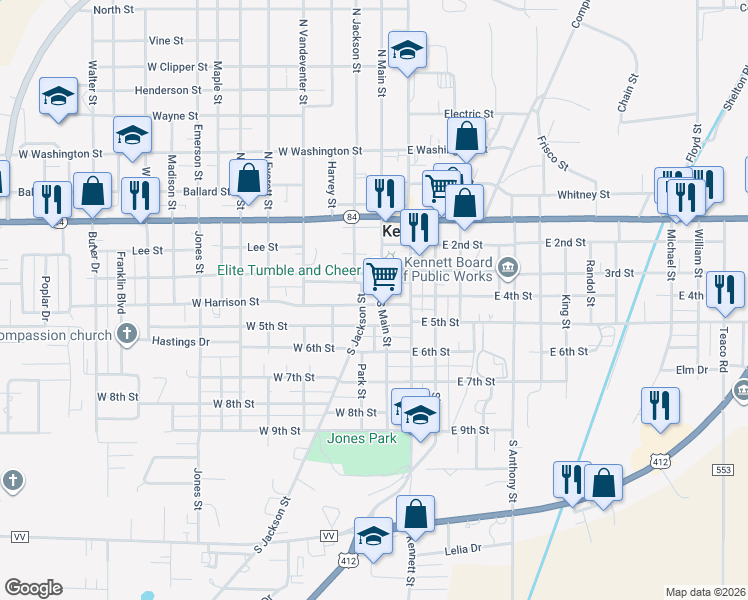 map of restaurants, bars, coffee shops, grocery stores, and more near 311 South Main Street in Kennett