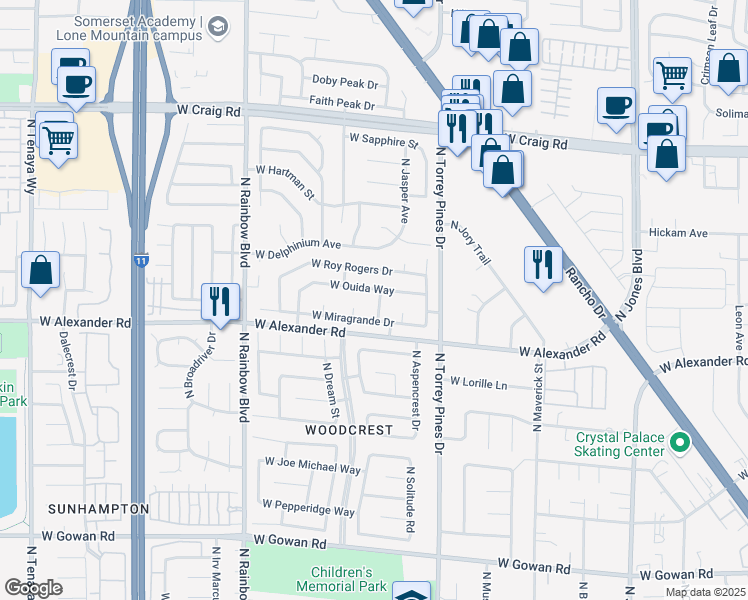 map of restaurants, bars, coffee shops, grocery stores, and more near 6425 West Ouida Way in Las Vegas