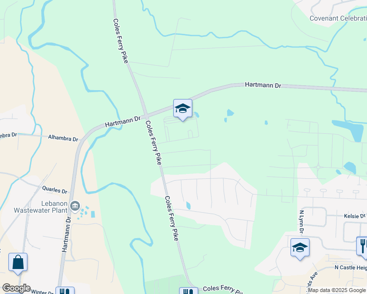 map of restaurants, bars, coffee shops, grocery stores, and more near 709 Hancock Lane in Lebanon