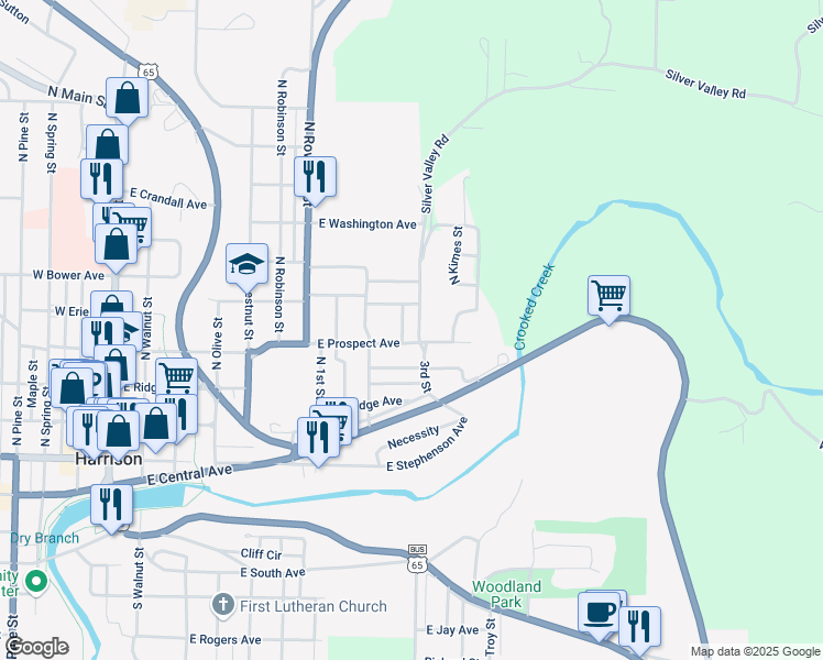 map of restaurants, bars, coffee shops, grocery stores, and more near 404 North Middle Street in Harrison