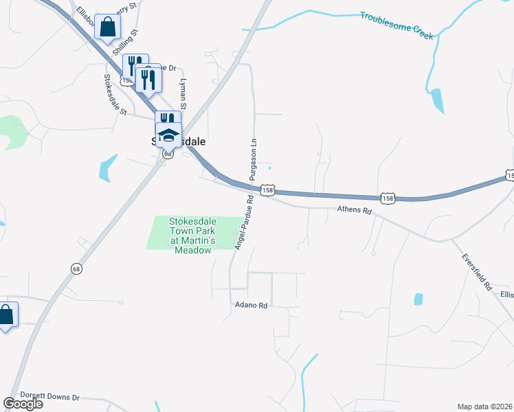 map of restaurants, bars, coffee shops, grocery stores, and more near 7871 Athens Road in Stokesdale