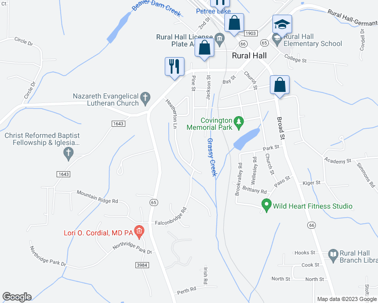 map of restaurants, bars, coffee shops, grocery stores, and more near 7620 Pine Street in Rural Hall