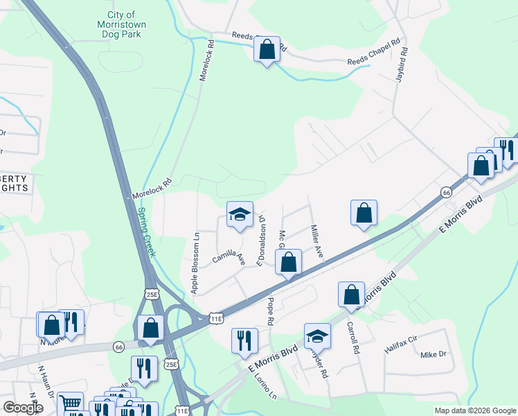 map of restaurants, bars, coffee shops, grocery stores, and more near 507 Maupin Circle in Morristown