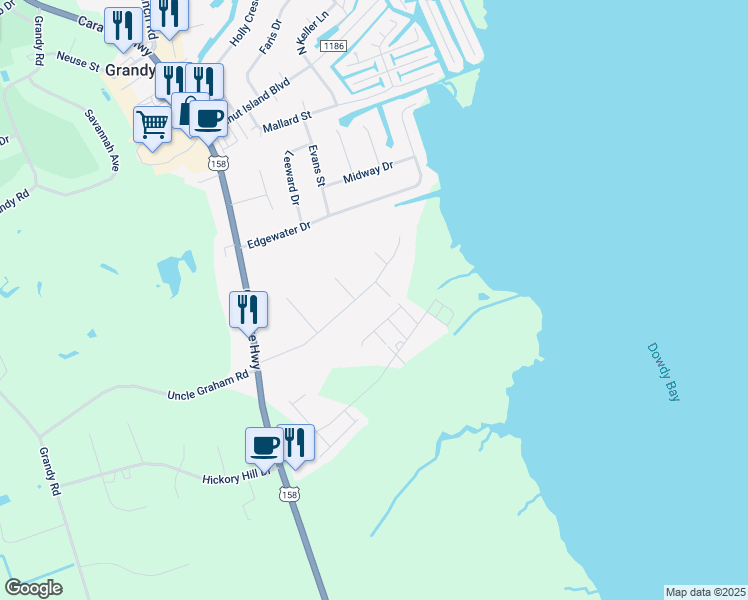map of restaurants, bars, coffee shops, grocery stores, and more near 128 Soundside Estates Drive in Grandy