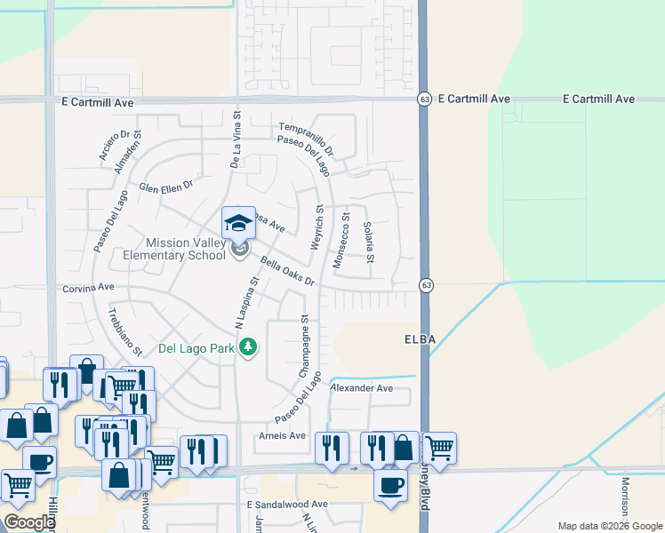 map of restaurants, bars, coffee shops, grocery stores, and more near 1939 Monsecco Street in Tulare