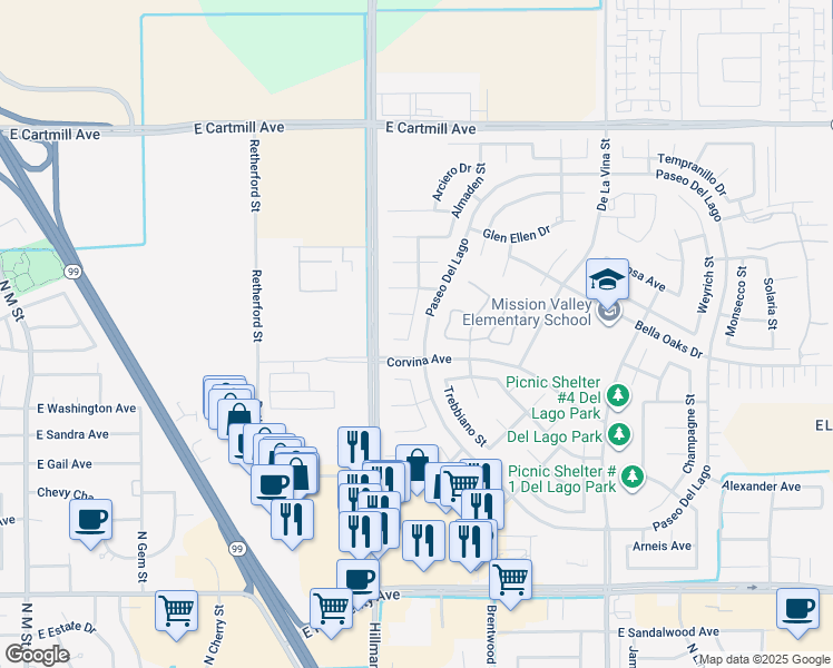 map of restaurants, bars, coffee shops, grocery stores, and more near 1924 Riesling Street in Tulare