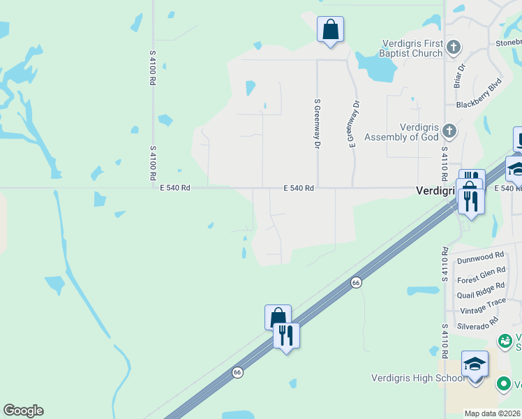 map of restaurants, bars, coffee shops, grocery stores, and more near 26052 South Durango Drive in Claremore