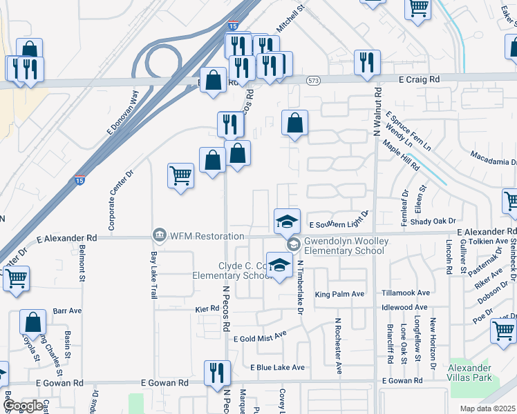 map of restaurants, bars, coffee shops, grocery stores, and more near 3580 East Alexander Road in Las Vegas