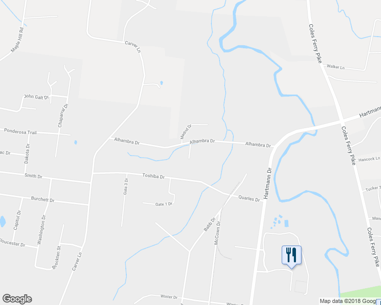 map of restaurants, bars, coffee shops, grocery stores, and more near 1422 Alhambra Drive in Lebanon