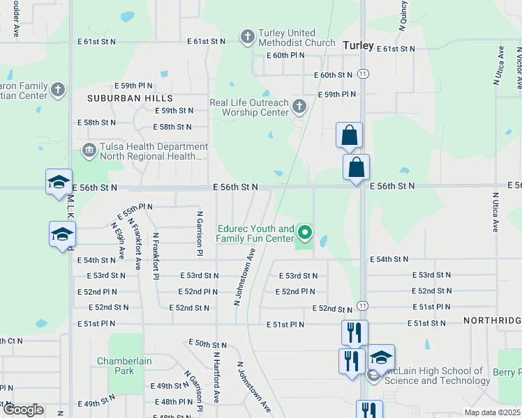 map of restaurants, bars, coffee shops, grocery stores, and more near 5515 North Iroquois Avenue in Tulsa