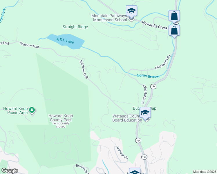map of restaurants, bars, coffee shops, grocery stores, and more near 472 Rainbow Trail in Boone