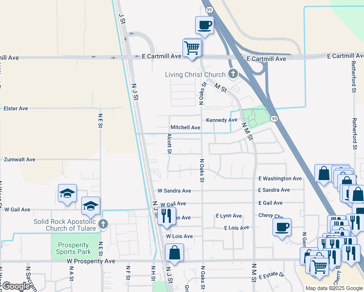 map of restaurants, bars, coffee shops, grocery stores, and more near 2190 De Foe Court in Tulare