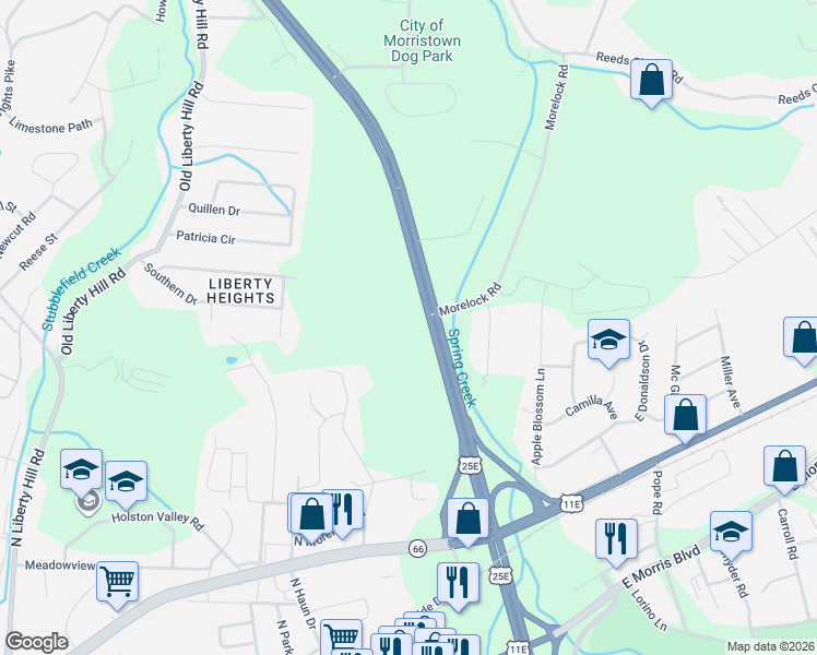map of restaurants, bars, coffee shops, grocery stores, and more near North Davy Crockett Parkway in Morristown