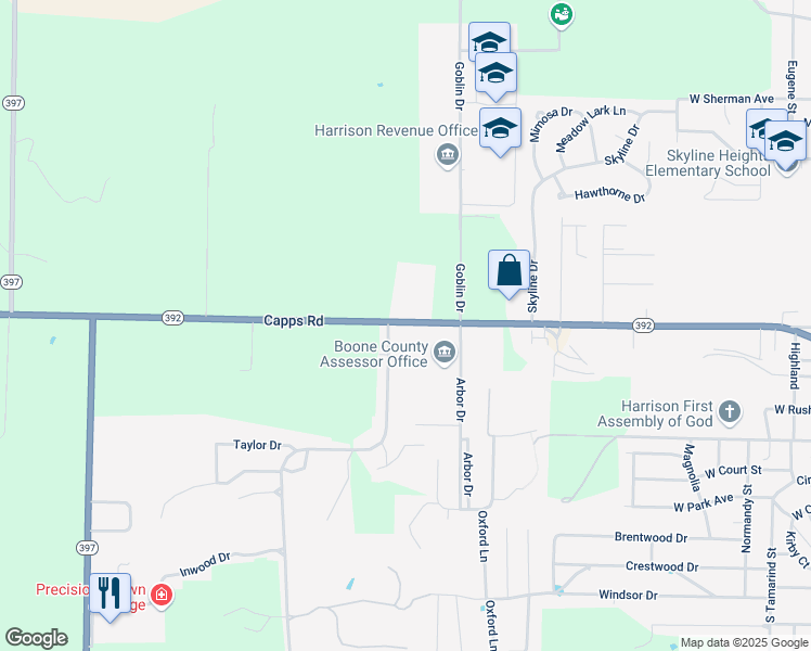 map of restaurants, bars, coffee shops, grocery stores, and more near 2126 Capps Rd in Harrison