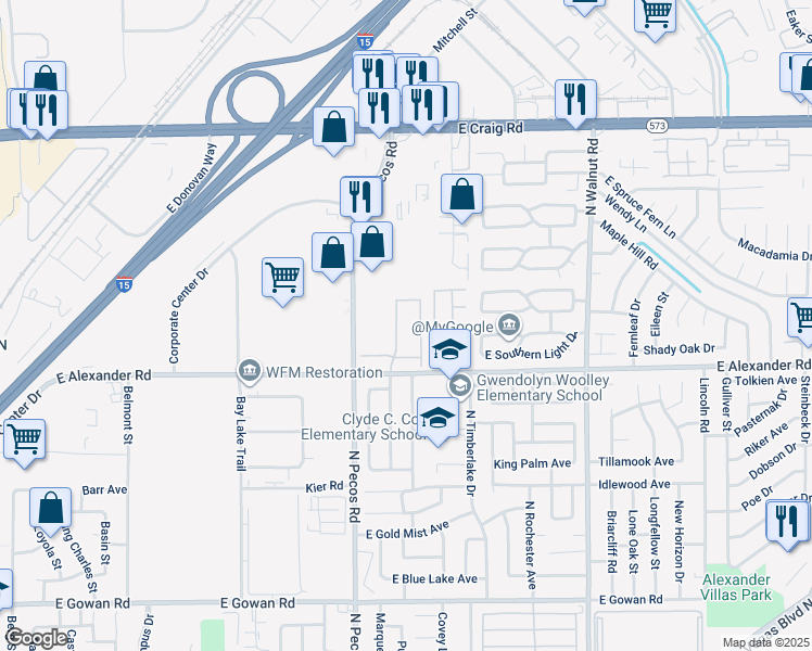 map of restaurants, bars, coffee shops, grocery stores, and more near 3580 East Alexander Road in Las Vegas