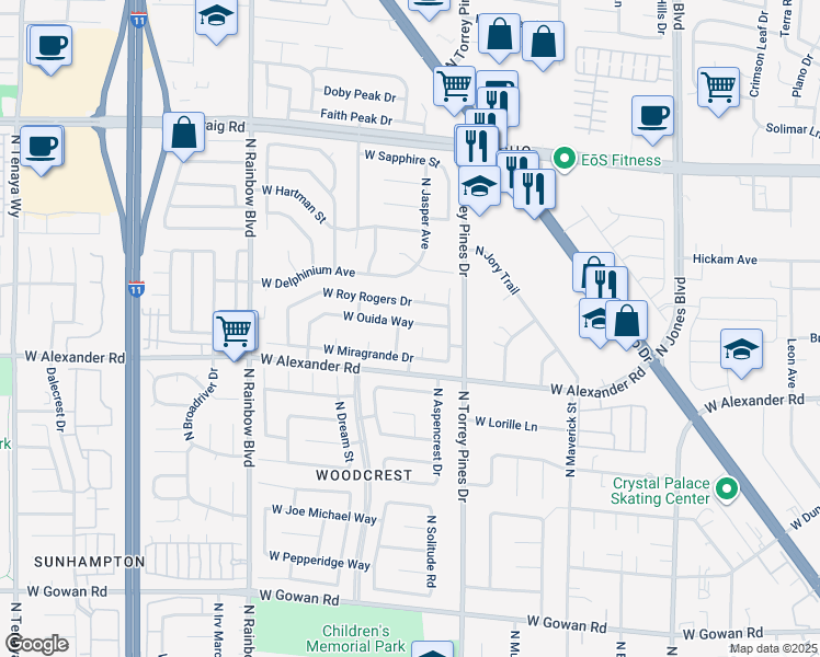 map of restaurants, bars, coffee shops, grocery stores, and more near 6425 West Ouida Way in Las Vegas