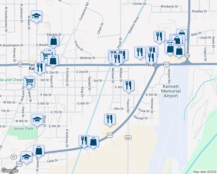 map of restaurants, bars, coffee shops, grocery stores, and more near 1000 East 4th Street in Kennett