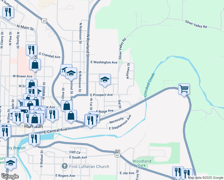 map of restaurants, bars, coffee shops, grocery stores, and more near 404 North Middle Street in Harrison