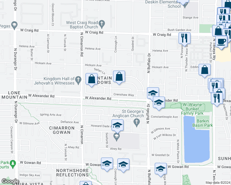 map of restaurants, bars, coffee shops, grocery stores, and more near 7732 Crenshaw Way in Las Vegas