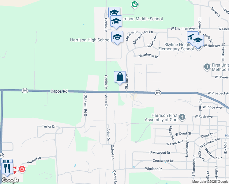 map of restaurants, bars, coffee shops, grocery stores, and more near 1906 Capps Road in Harrison