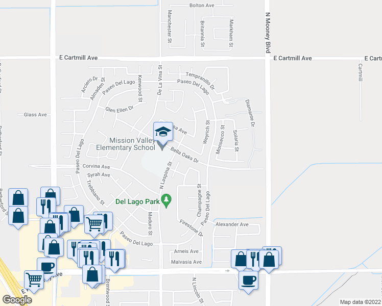 map of restaurants, bars, coffee shops, grocery stores, and more near 1845 Charles Krug Avenue in Tulare