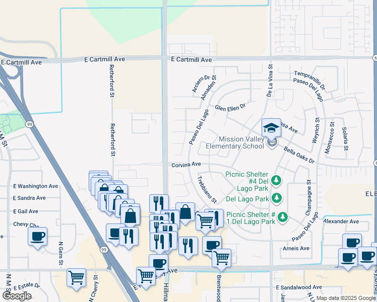 map of restaurants, bars, coffee shops, grocery stores, and more near 1924 Riesling Street in Tulare