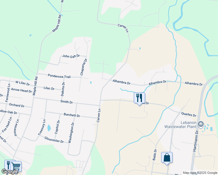 map of restaurants, bars, coffee shops, grocery stores, and more near 311 Carver Lane in Lebanon