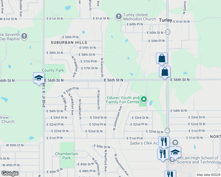 map of restaurants, bars, coffee shops, grocery stores, and more near 5509 North Hartford Place in Tulsa