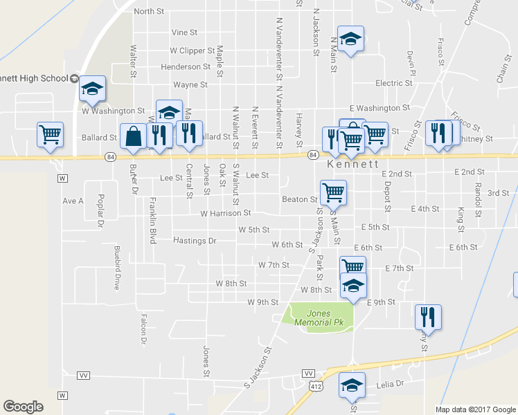 map of restaurants, bars, coffee shops, grocery stores, and more near 412 West Harrison Street in Kennett