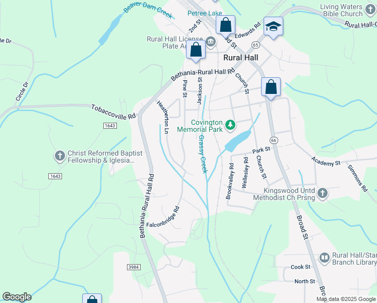 map of restaurants, bars, coffee shops, grocery stores, and more near 7623 Pine Street in Rural Hall