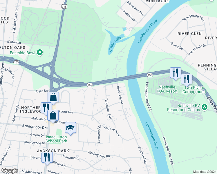 map of restaurants, bars, coffee shops, grocery stores, and more near 4814 Tanglewood Dr in Nashville
