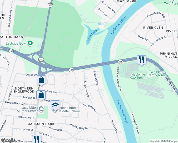 map of restaurants, bars, coffee shops, grocery stores, and more near 4814 Tanglewood Drive in Nashville