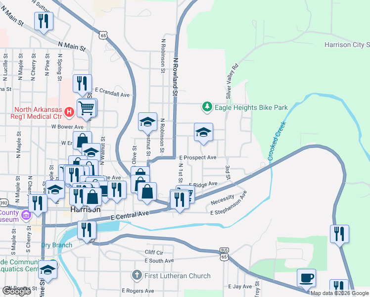 map of restaurants, bars, coffee shops, grocery stores, and more near 408 Center Street in Harrison