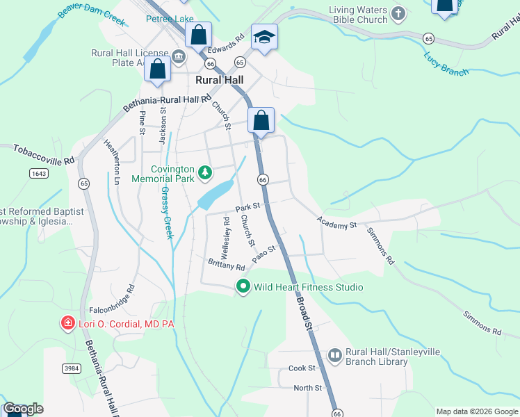 map of restaurants, bars, coffee shops, grocery stores, and more near 7690 Broad St in Rural Hall
