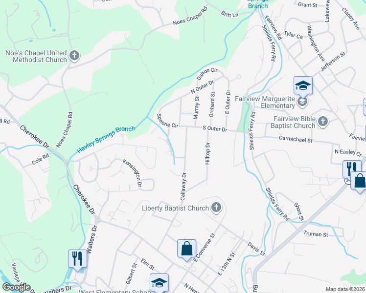 map of restaurants, bars, coffee shops, grocery stores, and more near 551 Callaway Drive in Morristown