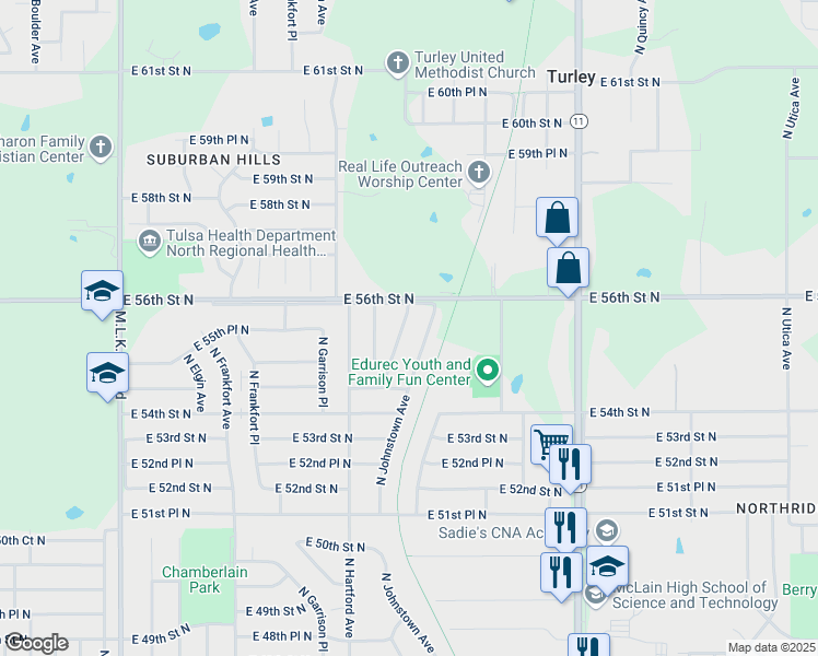 map of restaurants, bars, coffee shops, grocery stores, and more near 5515 North Iroquois Avenue in Tulsa