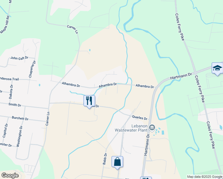 map of restaurants, bars, coffee shops, grocery stores, and more near 1416 Alhambra Drive in Lebanon