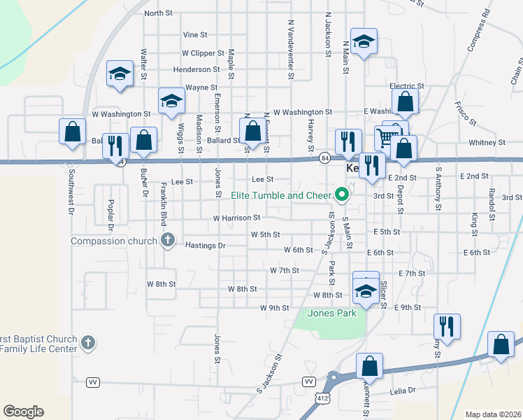 map of restaurants, bars, coffee shops, grocery stores, and more near 412 West Harrison Street in Kennett