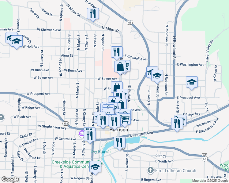 map of restaurants, bars, coffee shops, grocery stores, and more near 108 West Erie Street in Harrison