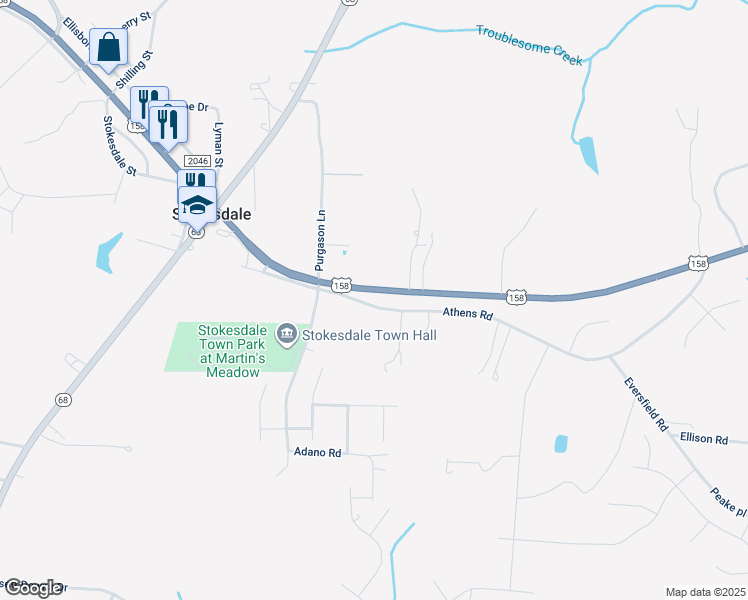map of restaurants, bars, coffee shops, grocery stores, and more near 7862 Athens Road in Stokesdale